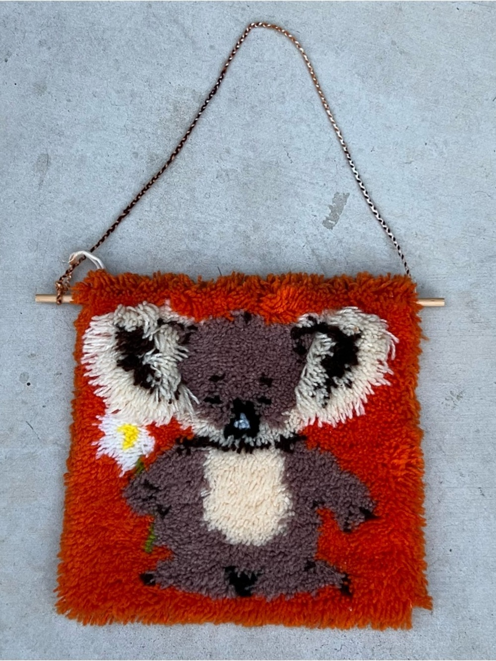 Vintage Latch Hook Rug Hanging Wall Tapestry Koala W/Daisy 70s MCM Kitschy Decor